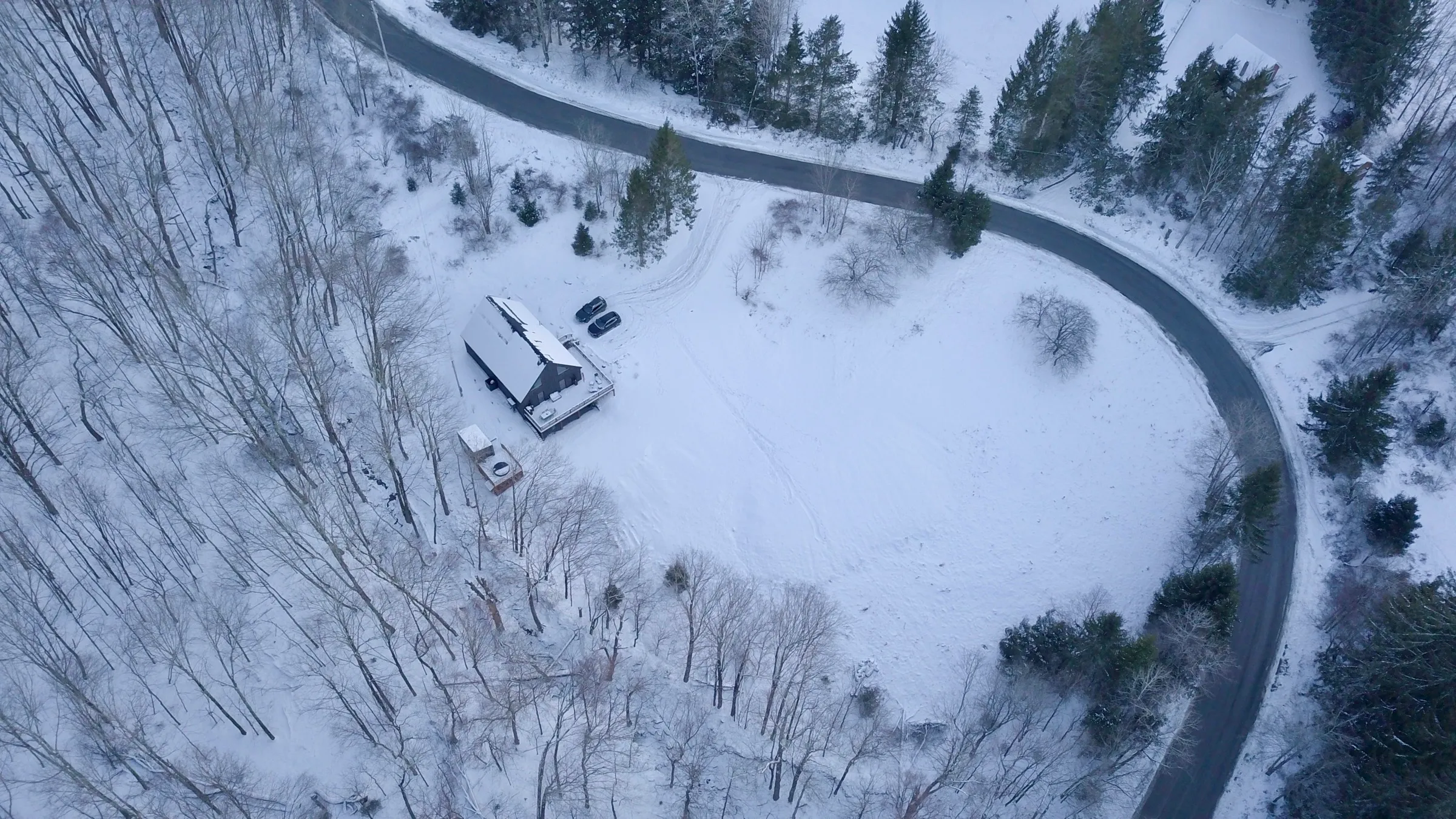 Aerial view of the forested Catskills around Evergreen Overlook